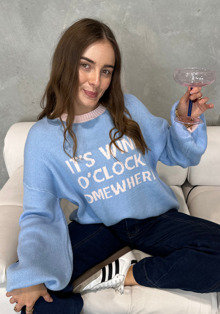 IT'S WINE O'CLOCK SOMEWHERE KNIT - BLUE & PINK