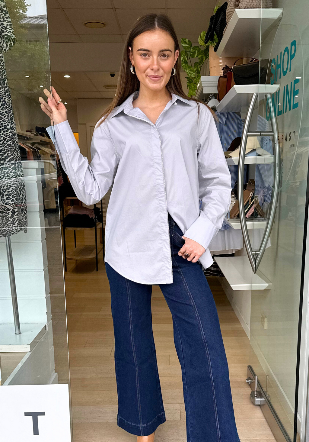 GRACIE DIAMANTE TRIM SHIRT - SILVER