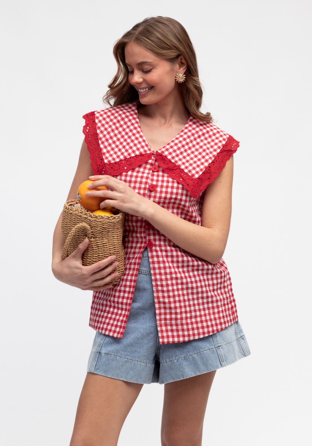 ABIGAIL PETER PAN COLLAR TOP - RED GINGHAM