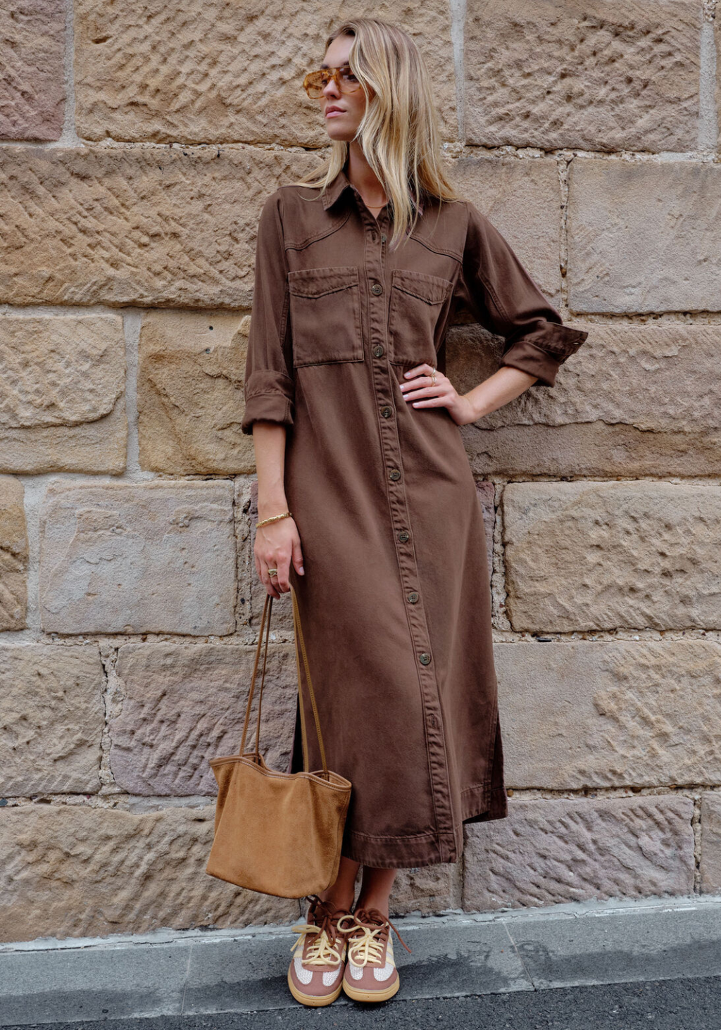 CERES LIFE RAE LONG SLEEVE MIDI DRESS - CHOCOLATE