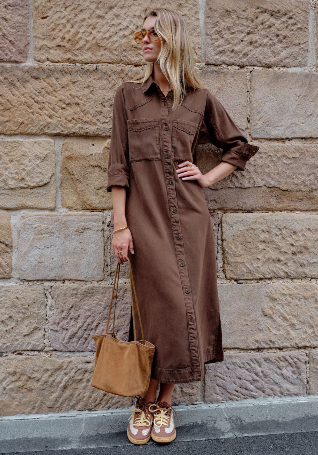 CERES LIFE RAE LONG SLEEVE MIDI DRESS - CHOCOLATE