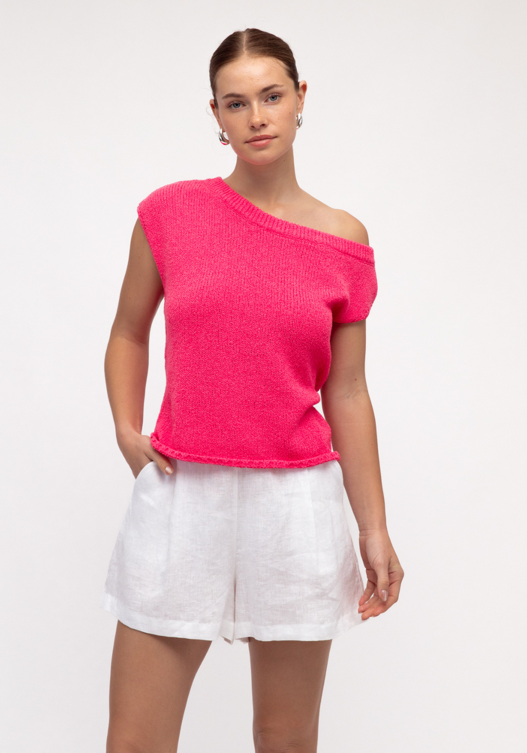 MADISON OFF THE SHOULDER KNIT TOP - HOT PINK