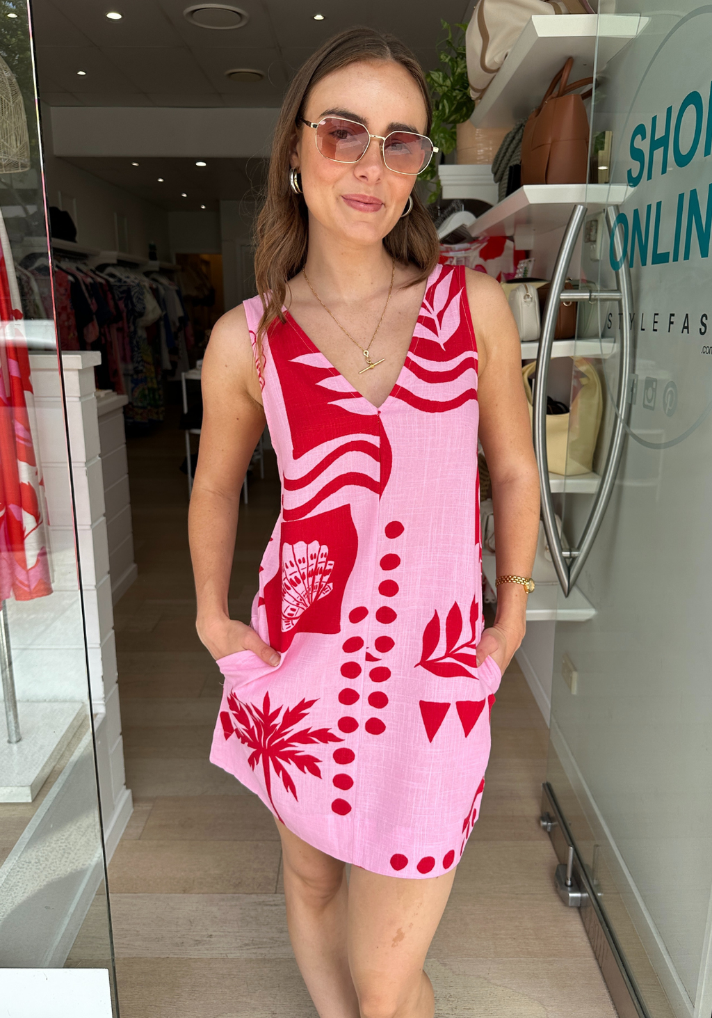 SUNARI SHIFT DRESS - RED/PINK PRINT