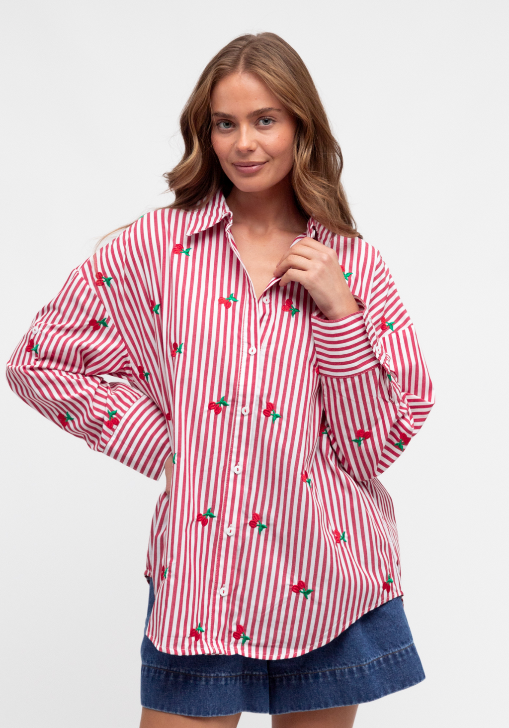 KIMMY BUTTON THROUGH SHIRT - RED STRIPE