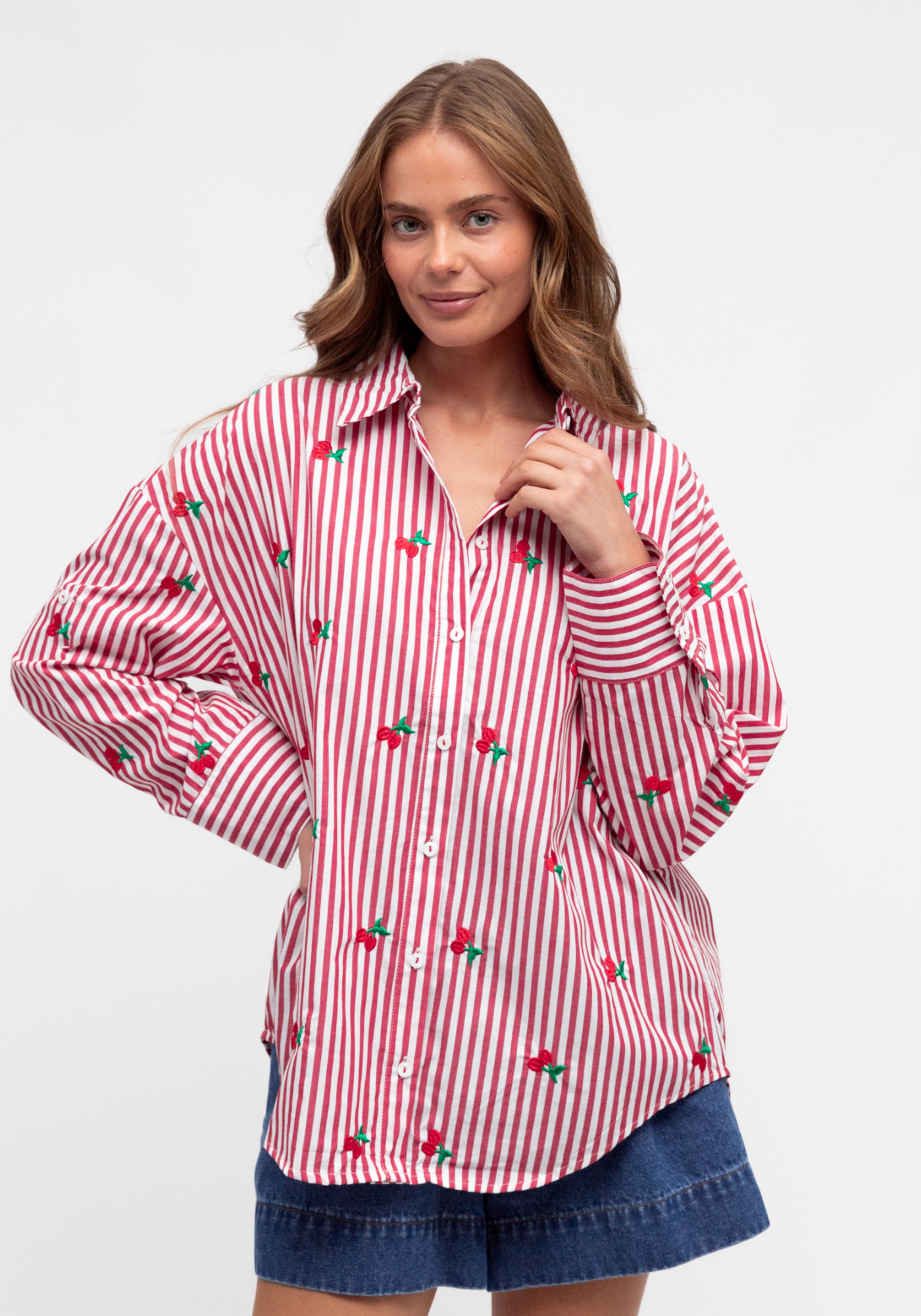 KIMMY BUTTON THROUGH SHIRT - RED STRIPE
