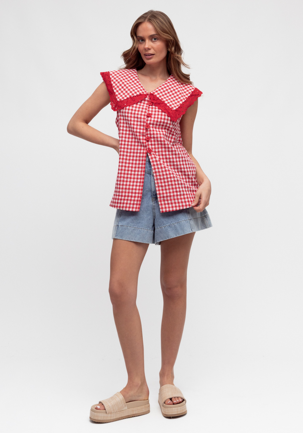 ABIGAIL PETER PAN COLLAR TOP - RED GINGHAM