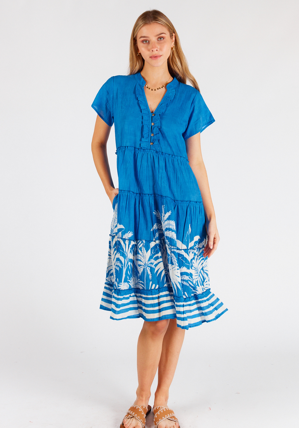 LULALIFE RILEY COTTON TIERED DRESS - COBALT