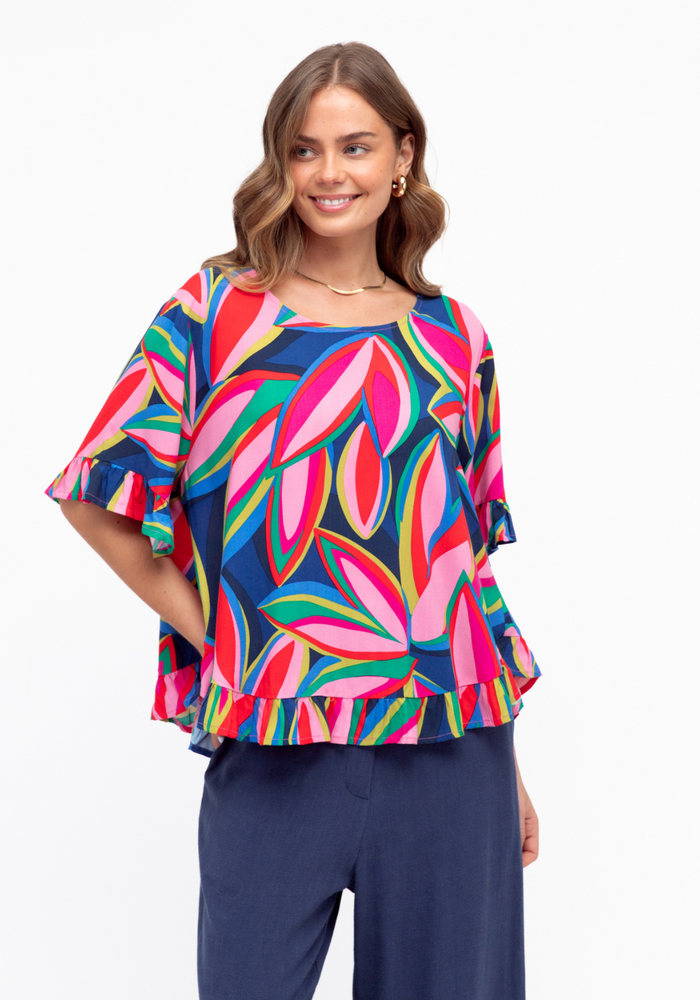 Load image into Gallery viewer, ZINNIA RUFFLE HEM TOP - MULTI PRINT