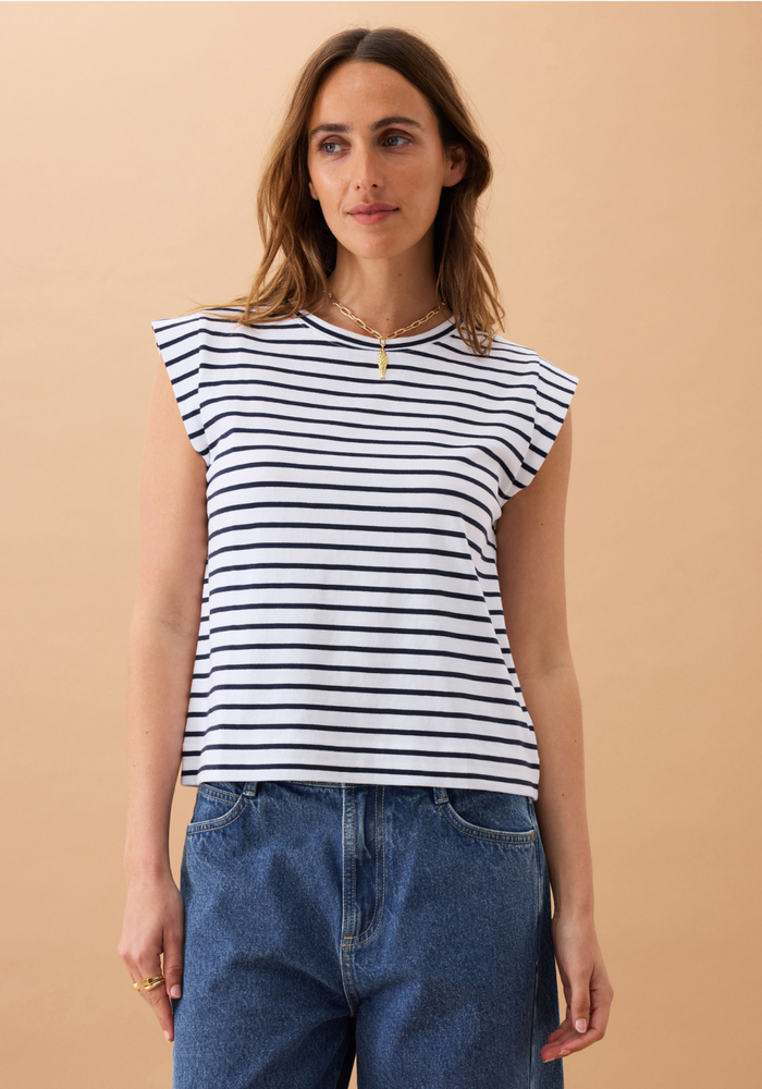 Load image into Gallery viewer, CERES LIFE EXTENDED SHOULDER TEE - WHITE/FRENCH NAVY