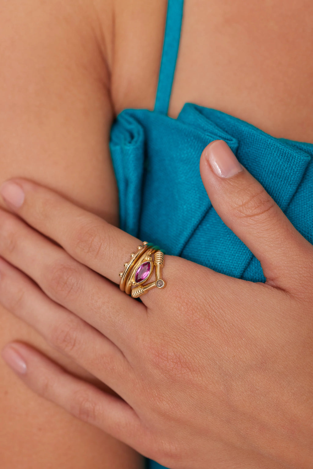 TONI MAY NYRA GOLD STACKER - MARQUISE RHODOLITE