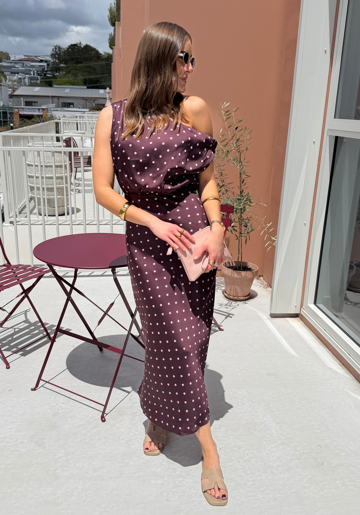ELODIE ONE SHOULDER MIDI DRESS - CHOCOLATE SPOT