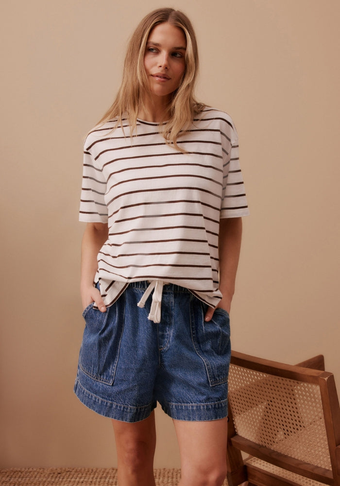 CERES LIFE STEVIE SLOUCHY SPLIT HEM TEE - VANILLA/CHOC STRIPE