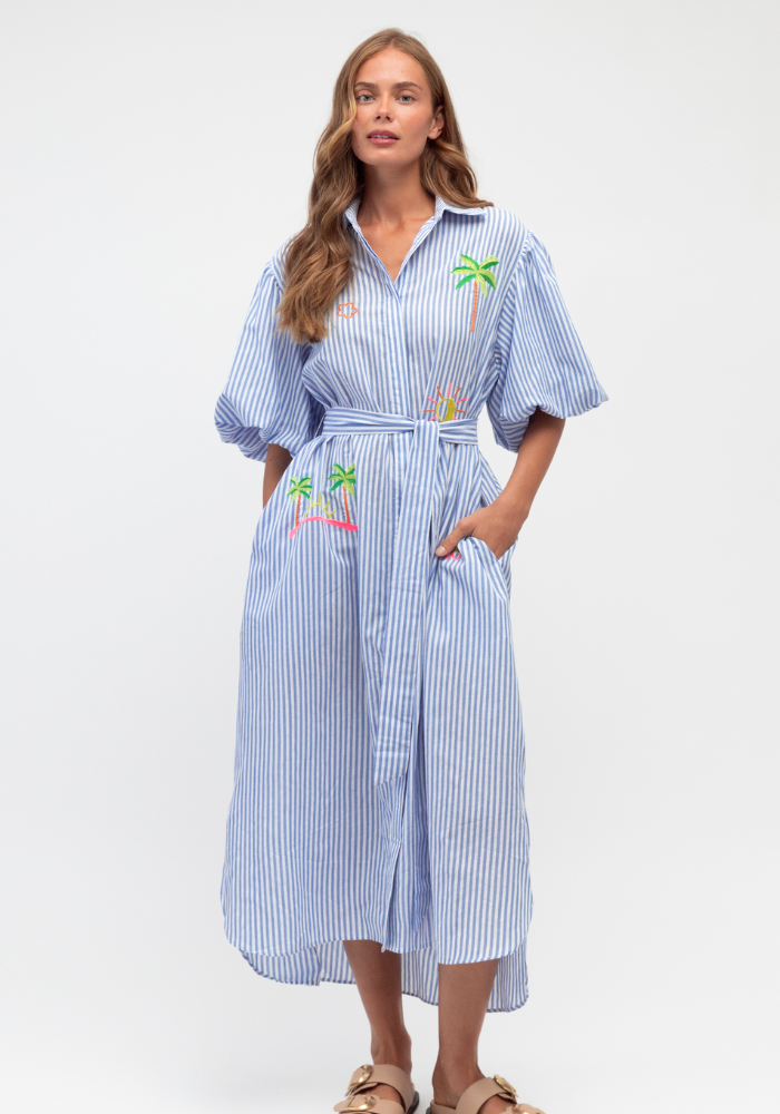 RUBY EMBROIDERED SHIRTDRESS - BLUE/WHITE STRIPE