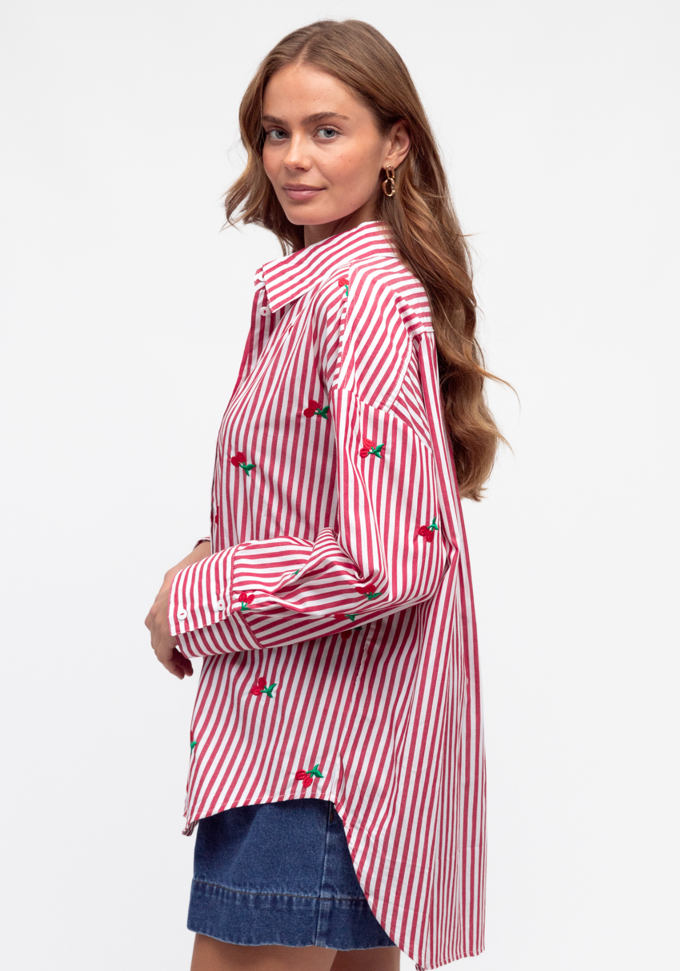 KIMMY BUTTON THROUGH SHIRT - RED STRIPE