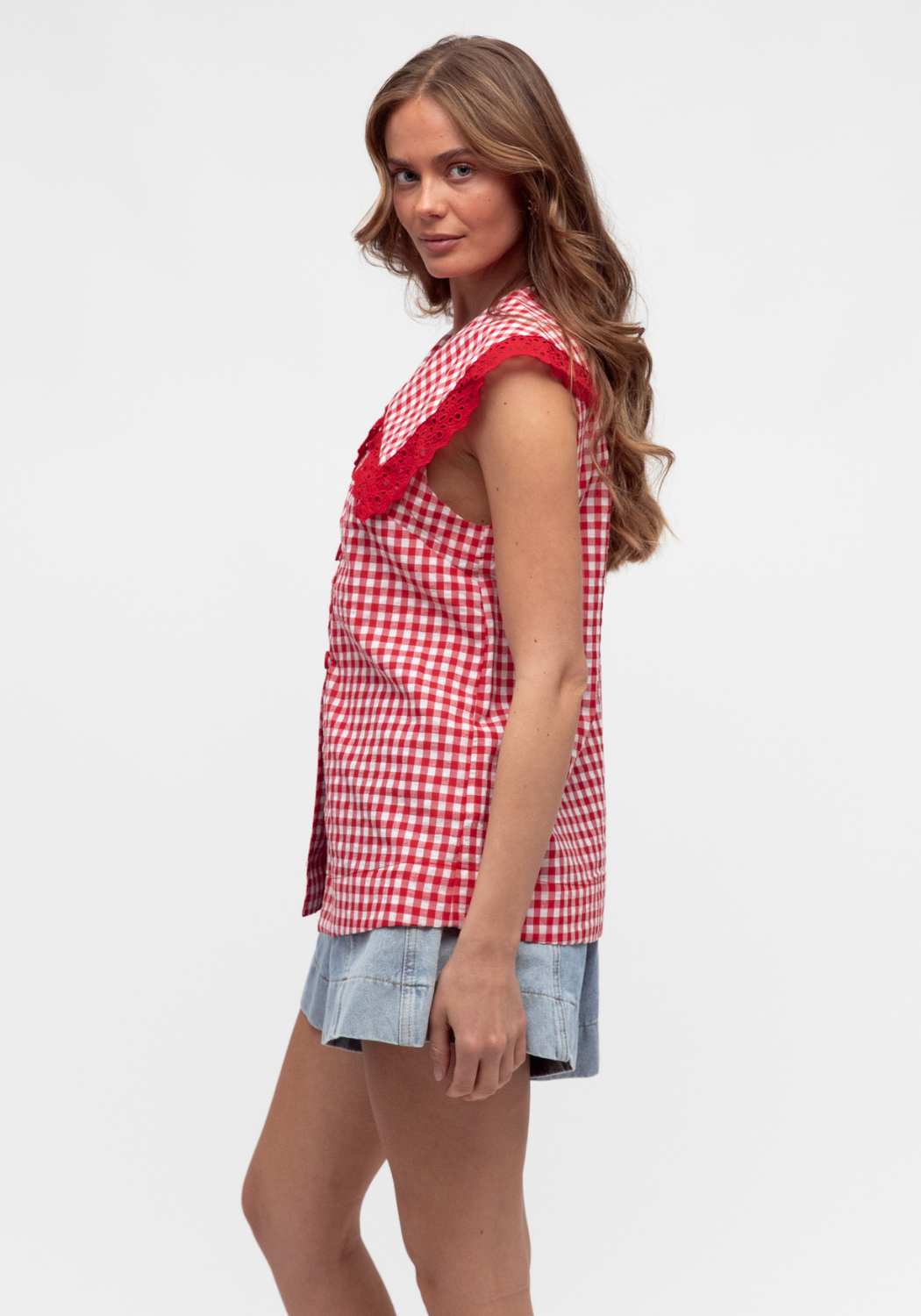 ABIGAIL PETER PAN COLLAR TOP - RED GINGHAM