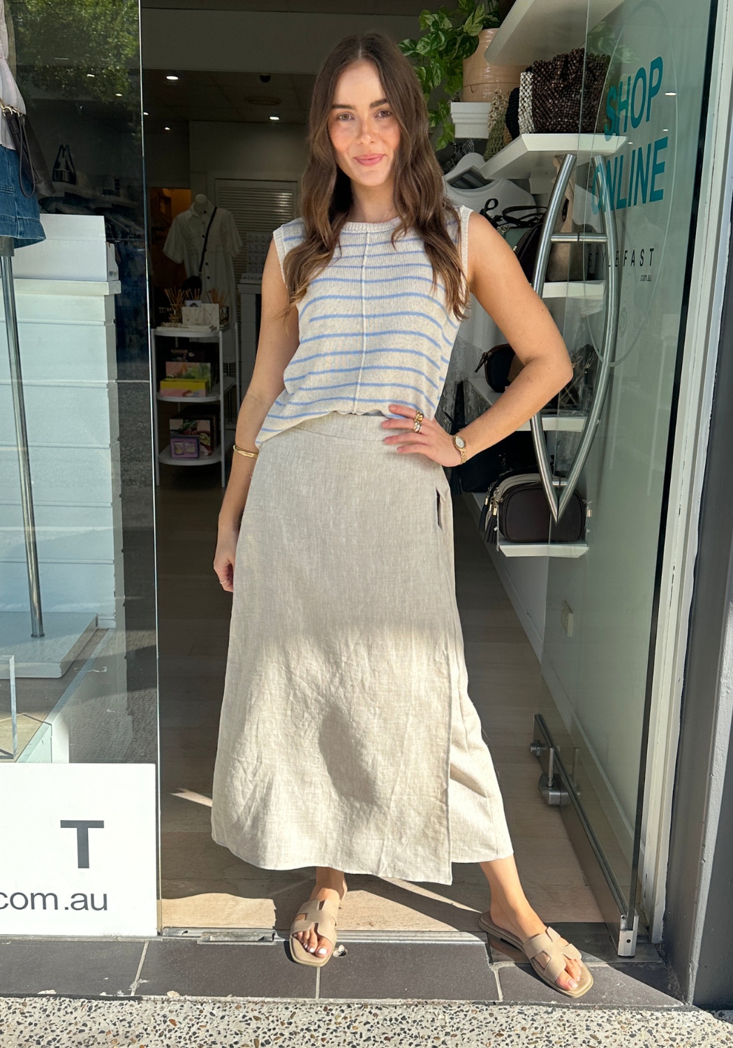 ZARA LOOSE KNITTED TANK - OATMEAL/BLUE STRIPE