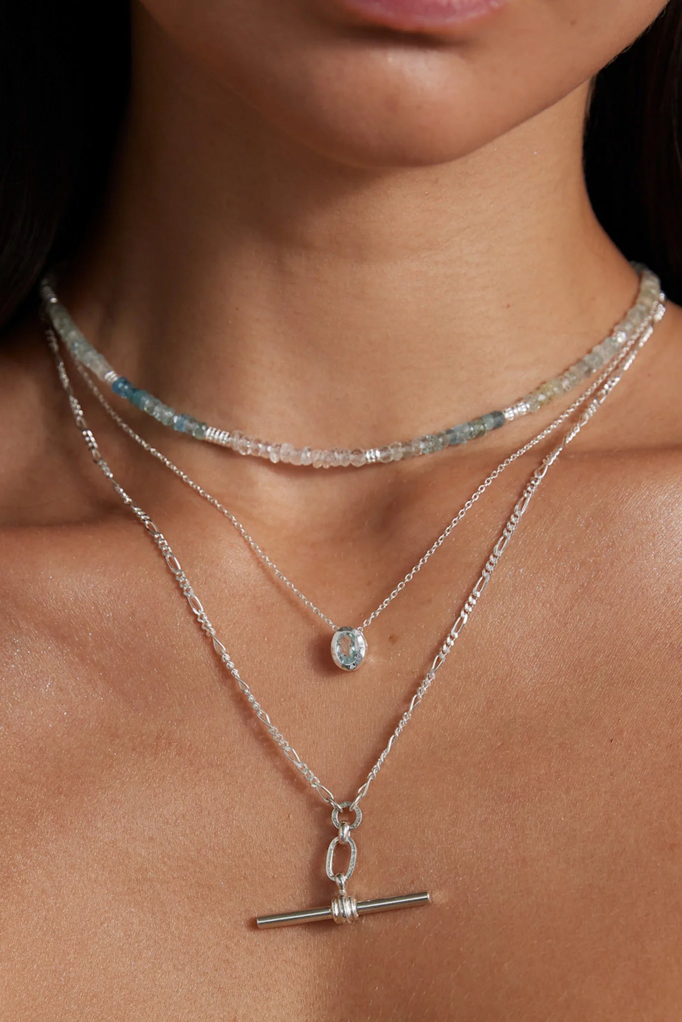 TONI MAY AQUAMARINE BEADED NECKLACE - SILVER