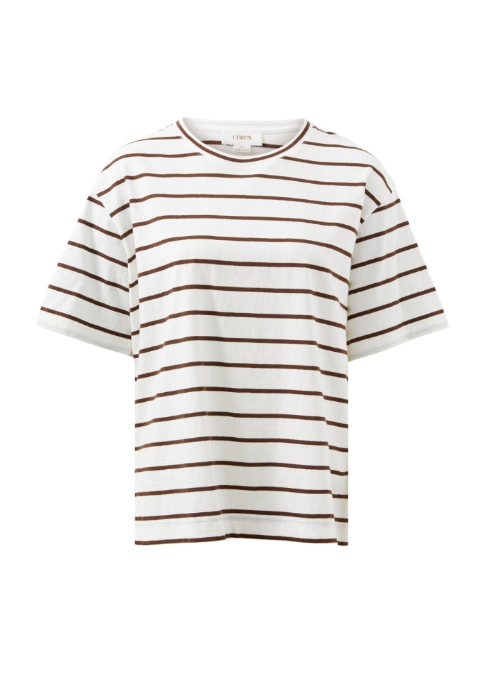 Load image into Gallery viewer, CERES LIFE STEVIE SLOUCHY SPLIT HEM TEE - VANILLA/CHOC STRIPE