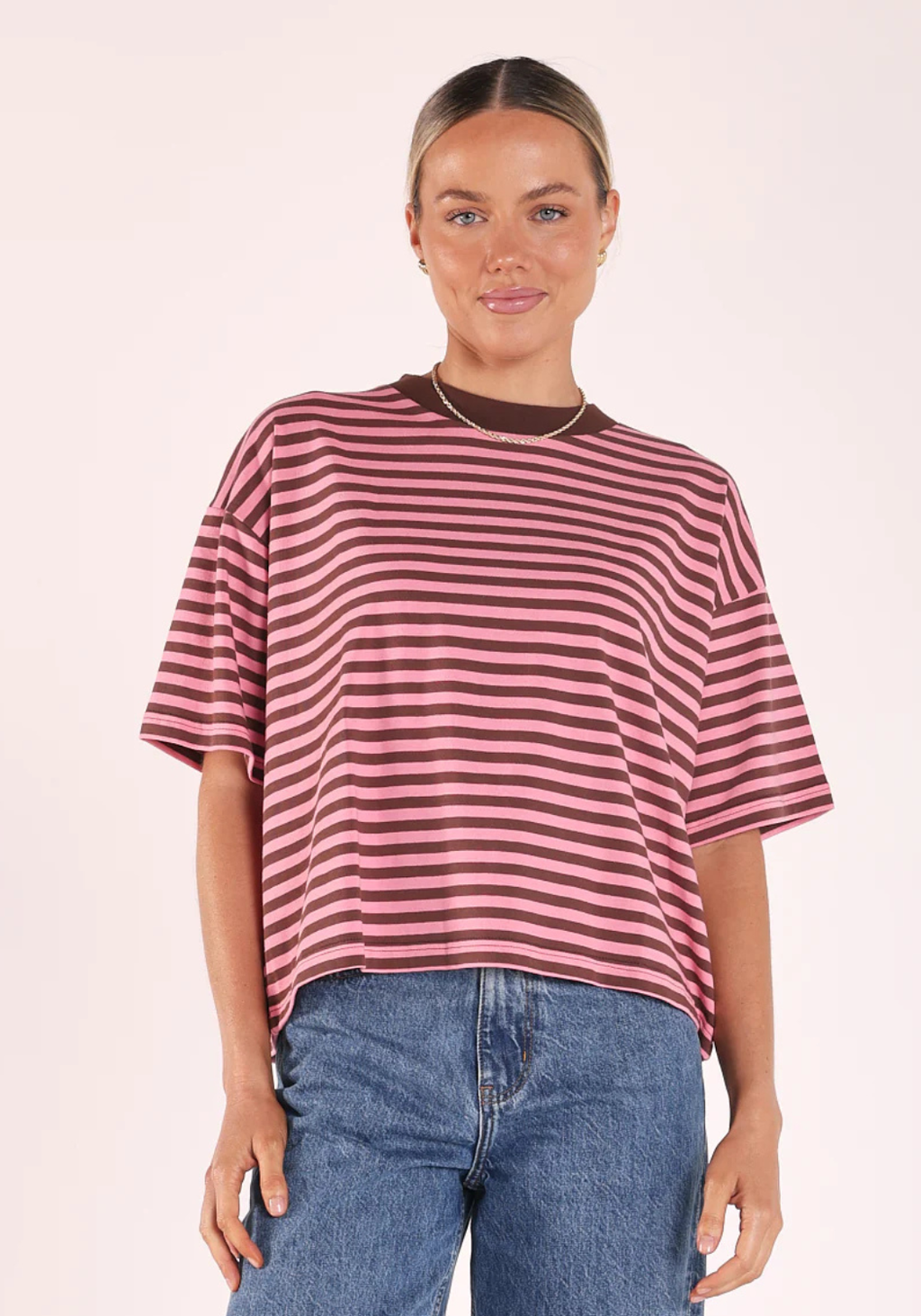 FEATHER + NOISE CARTER BOXY TEE - CHOCOLATE PINK STRIPE