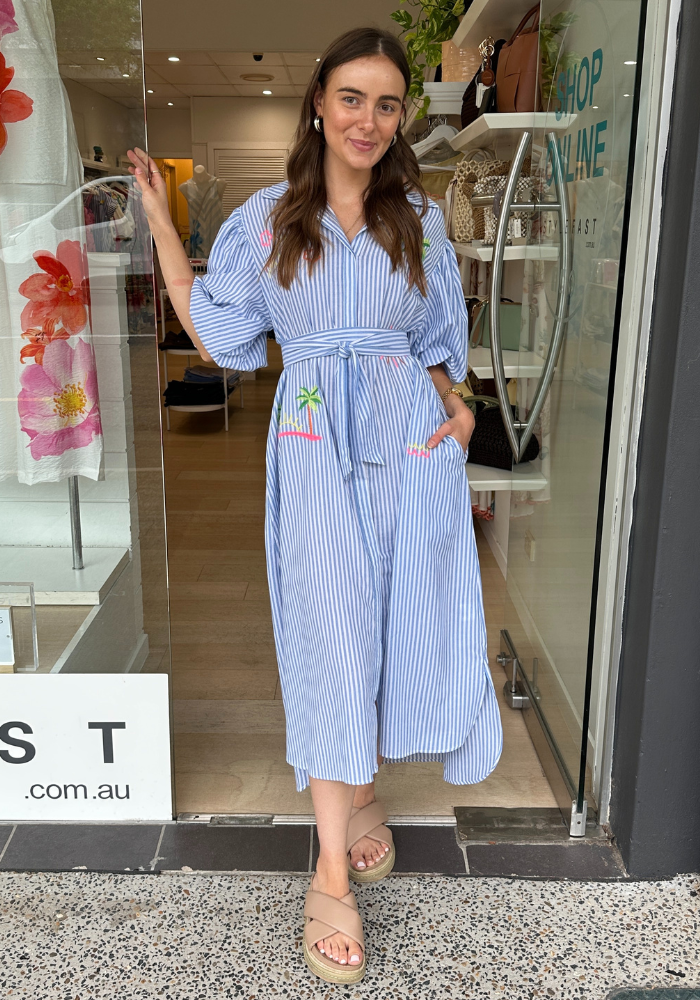 RUBY EMBROIDERED SHIRTDRESS - BLUE/WHITE STRIPE