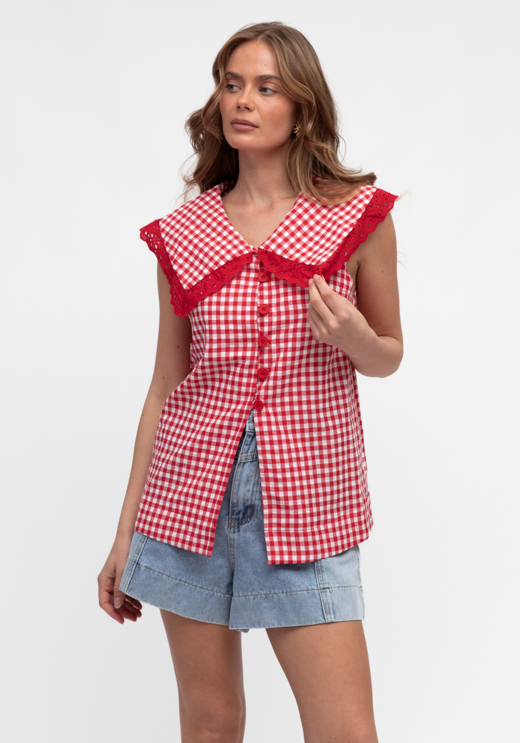 ABIGAIL PETER PAN COLLAR TOP - RED GINGHAM