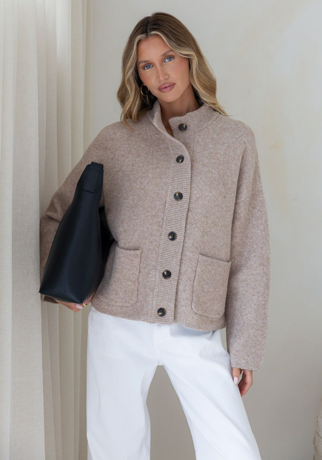 ELSIE FUNNEL NECK CARDI - NEUTRAL
