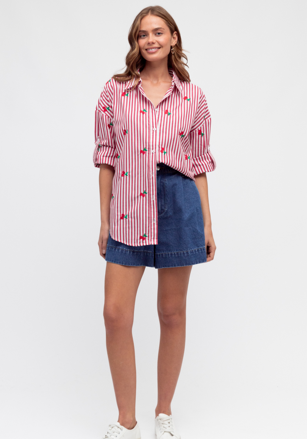 KIMMY BUTTON THROUGH SHIRT - RED STRIPE