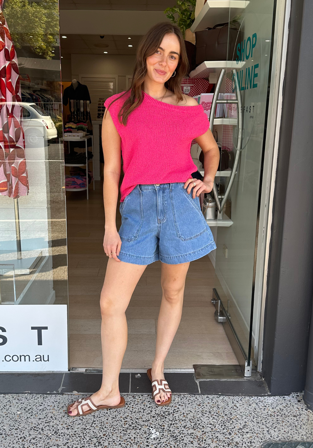 MADISON OFF THE SHOULDER KNIT TOP - HOT PINK