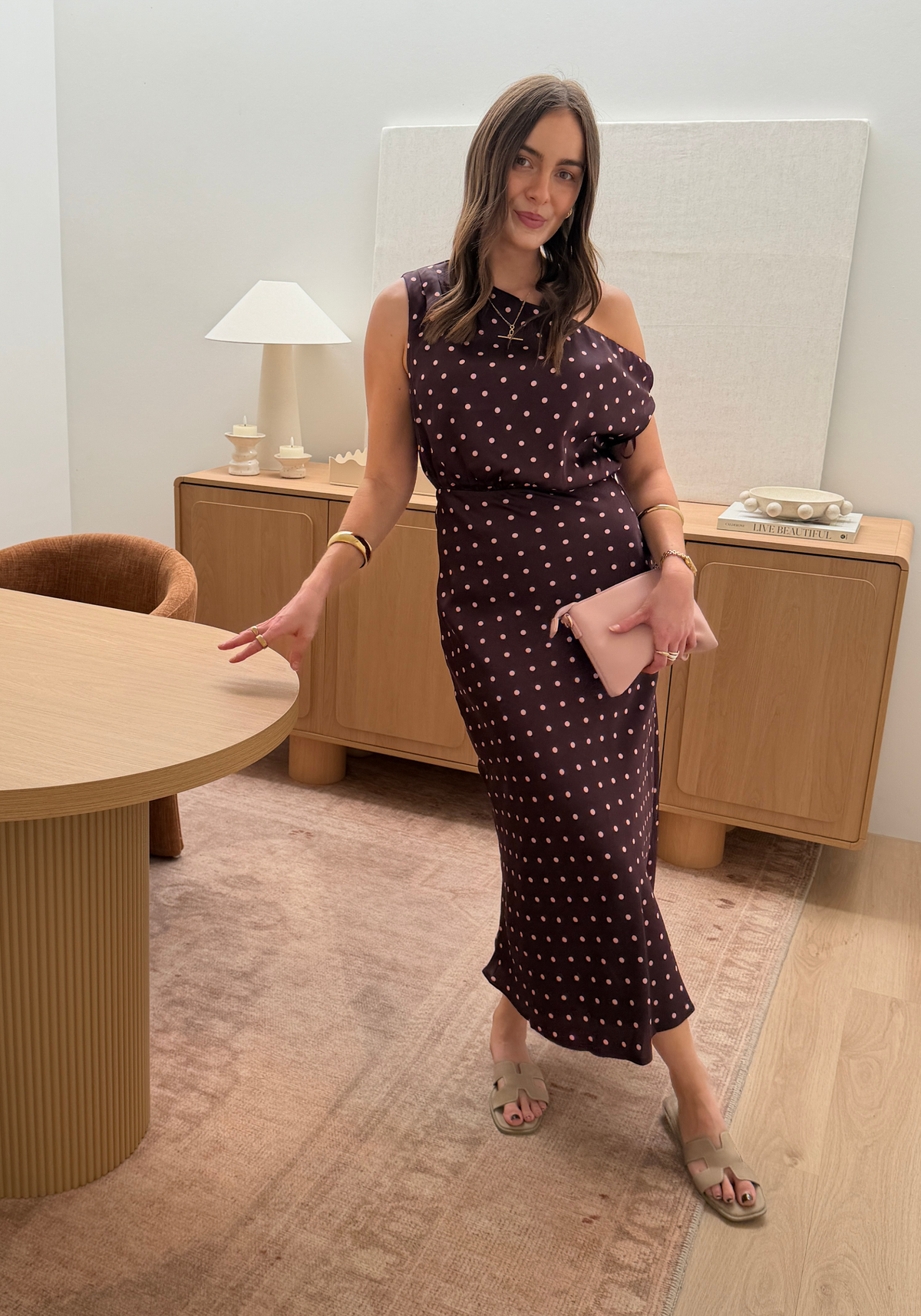 ELODIE ONE SHOULDER MIDI DRESS - CHOCOLATE SPOT