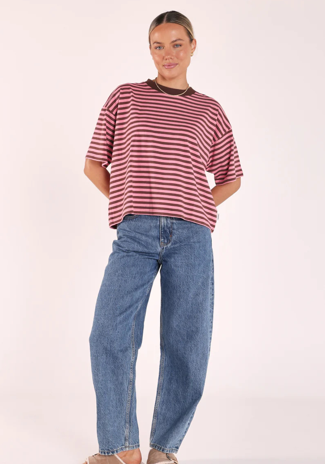 FEATHER + NOISE CARTER BOXY TEE - CHOCOLATE PINK STRIPE