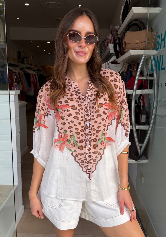 LILY LEOPARD LINEN SHIRT - WHITE LEOPARD