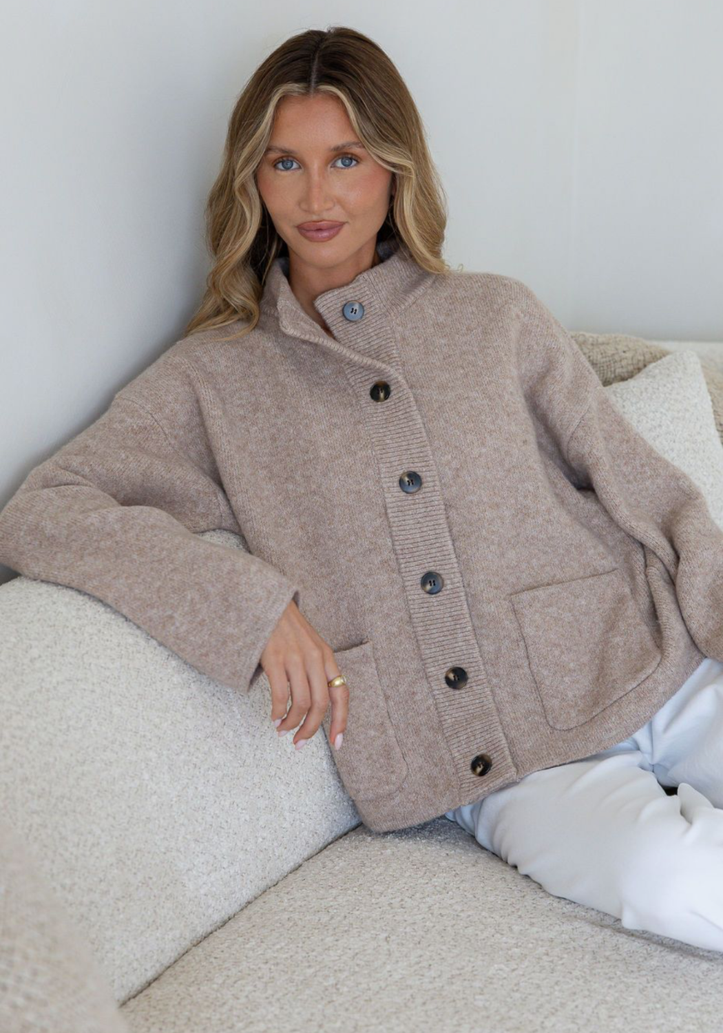 ELSIE FUNNEL NECK CARDI - NEUTRAL