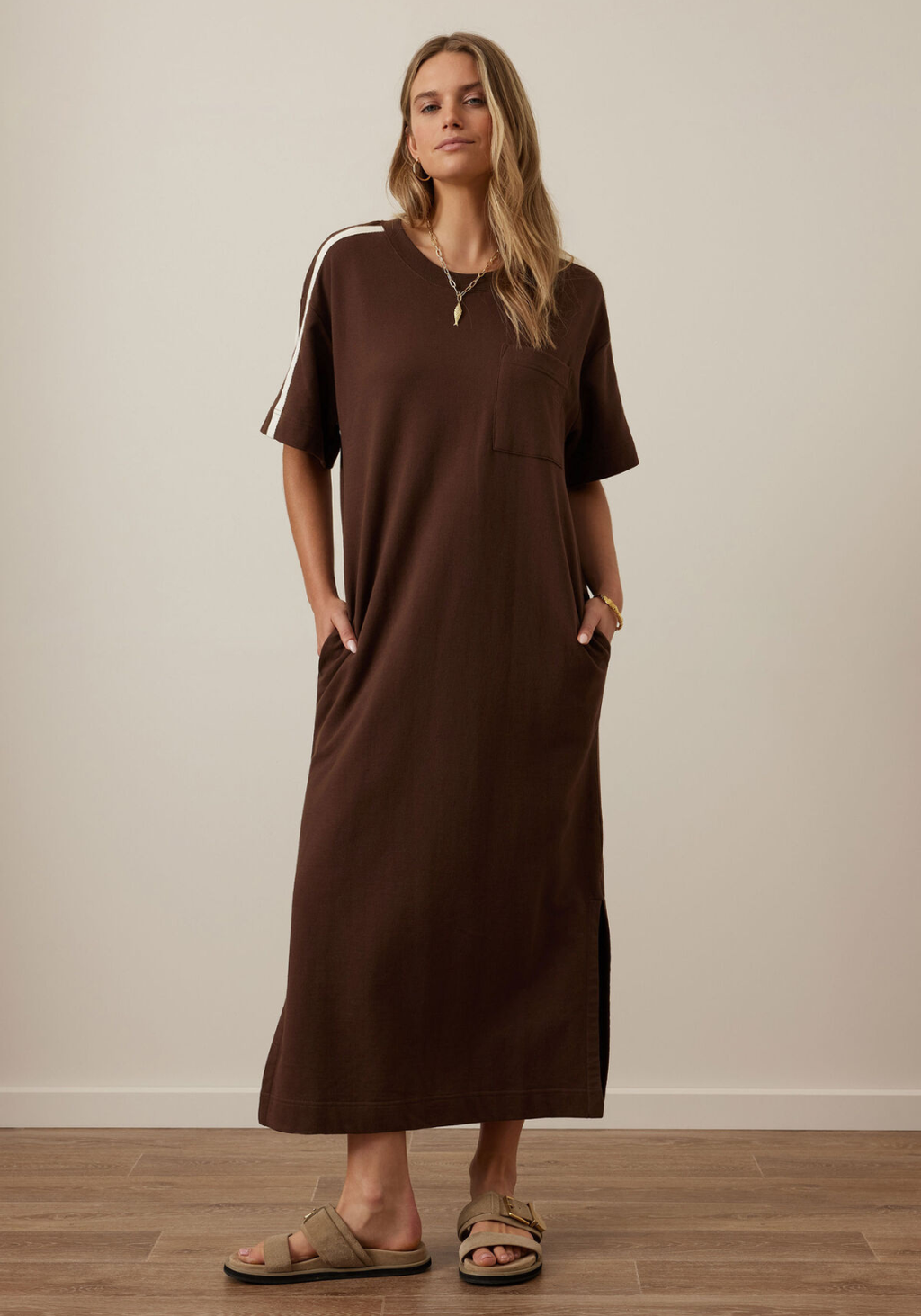 CERES LIFE CHARLOTTE MIDI TERRY DRESS - CHOCOLATE SIDE STRIPE