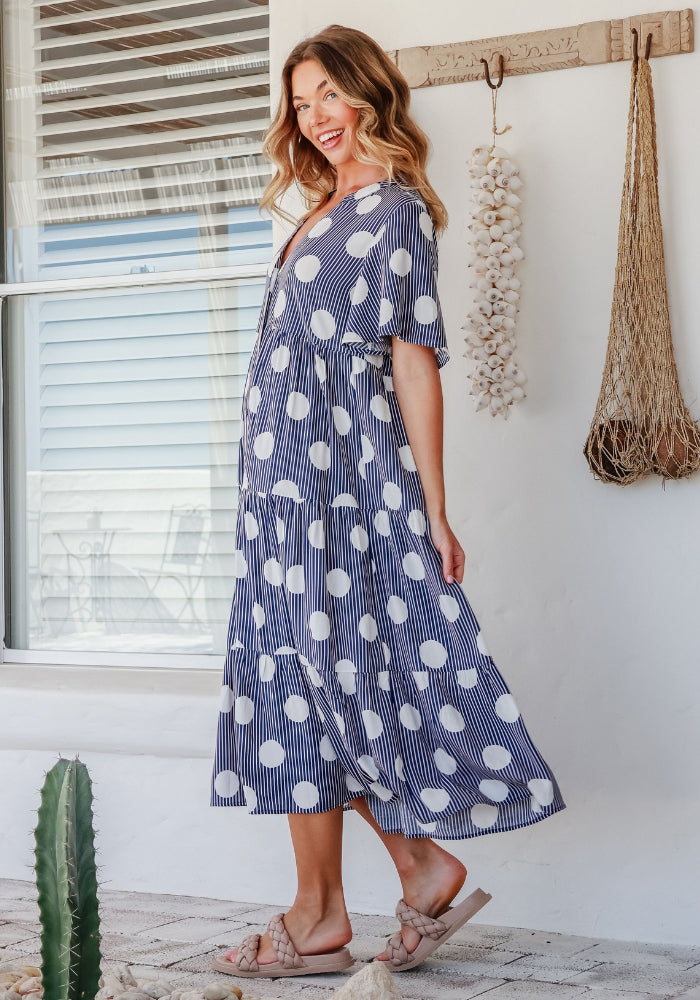 Load image into Gallery viewer, NAVA TIERED MAXI DRESS - BLUE MIXED PRINT