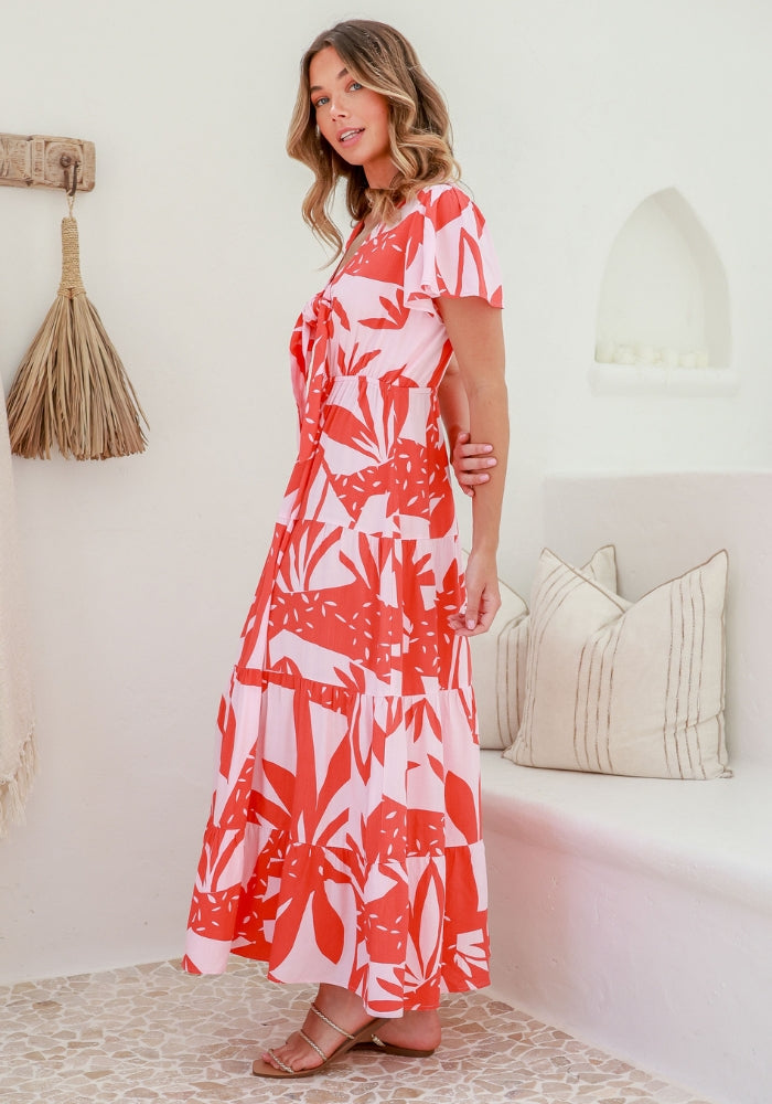 Load image into Gallery viewer, TAYLA TIE BUST MAXI DRESS - PINK &amp; ORANGE PRINT