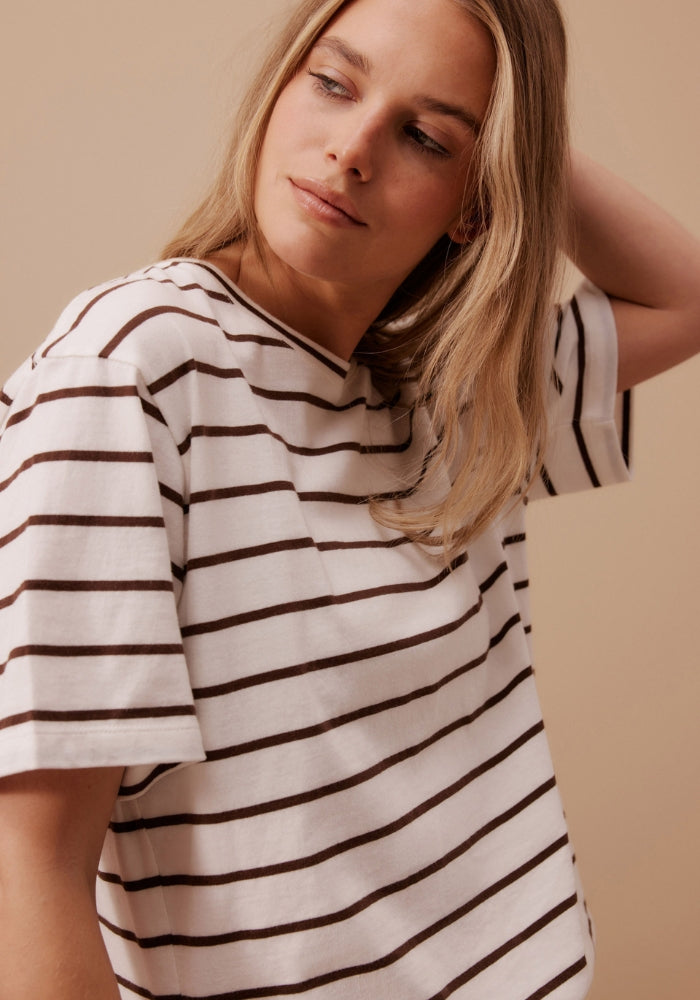 CERES LIFE STEVIE SLOUCHY SPLIT HEM TEE - VANILLA/CHOC STRIPE