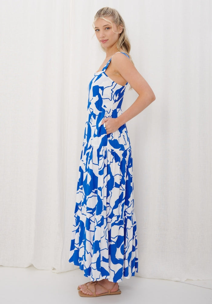 Load image into Gallery viewer, POPPY TIERED MAXI DRESS - COBALT PRINT