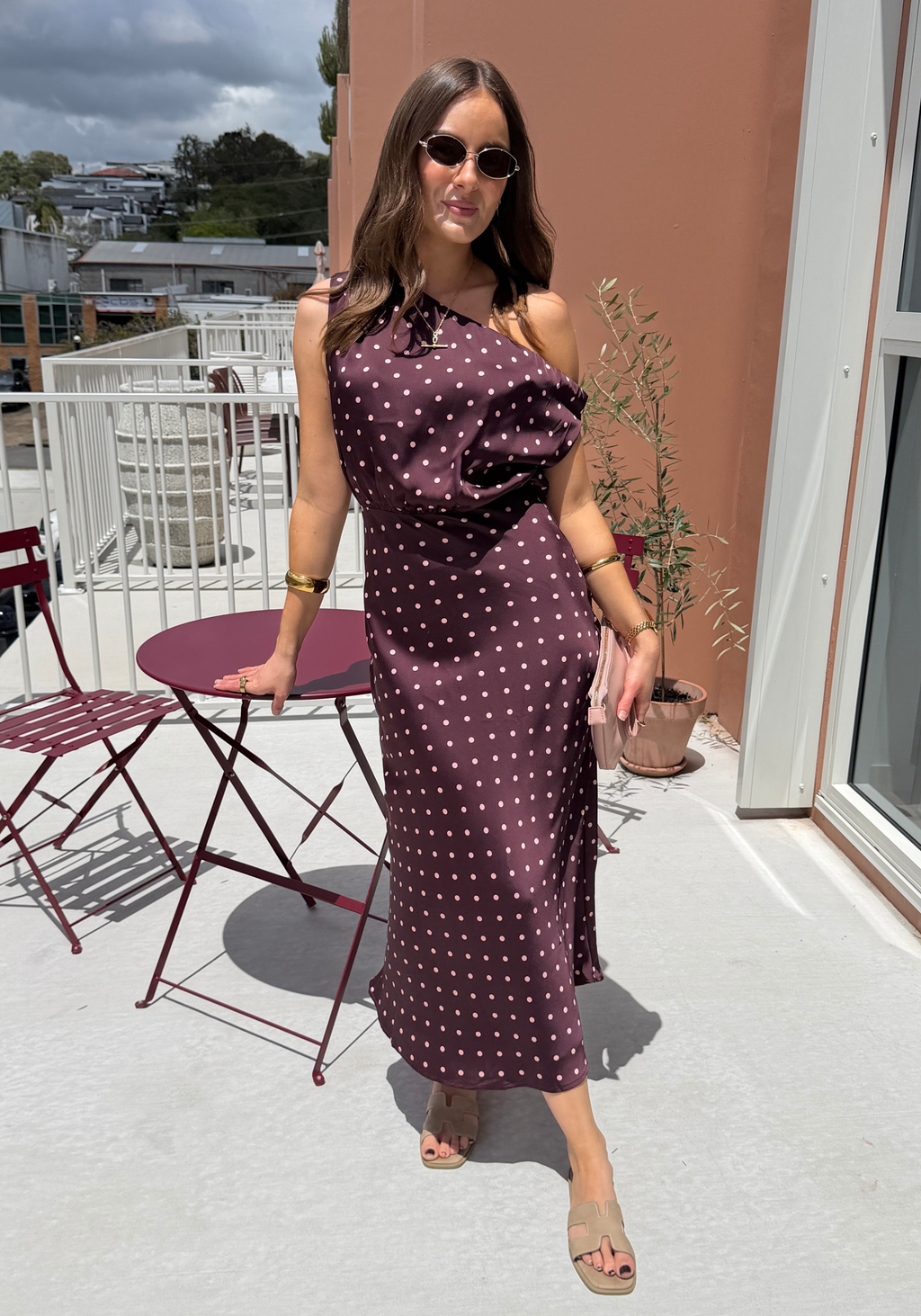 ELODIE ONE SHOULDER MIDI DRESS - CHOCOLATE SPOT