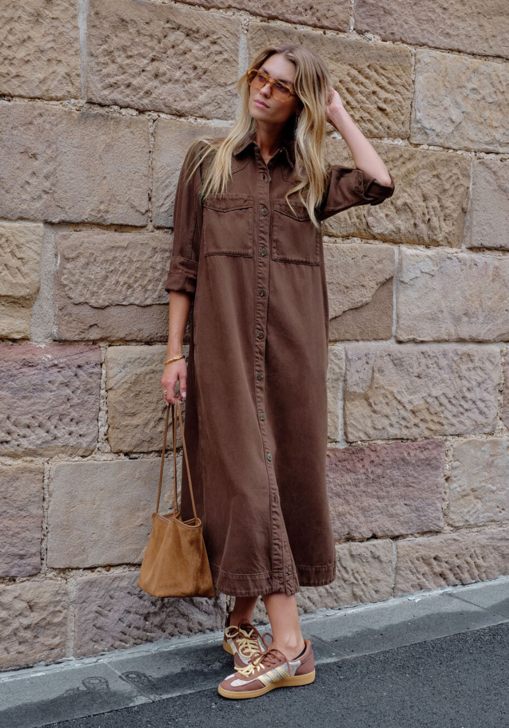 CERES LIFE RAE LONG SLEEVE MIDI DRESS - CHOCOLATE