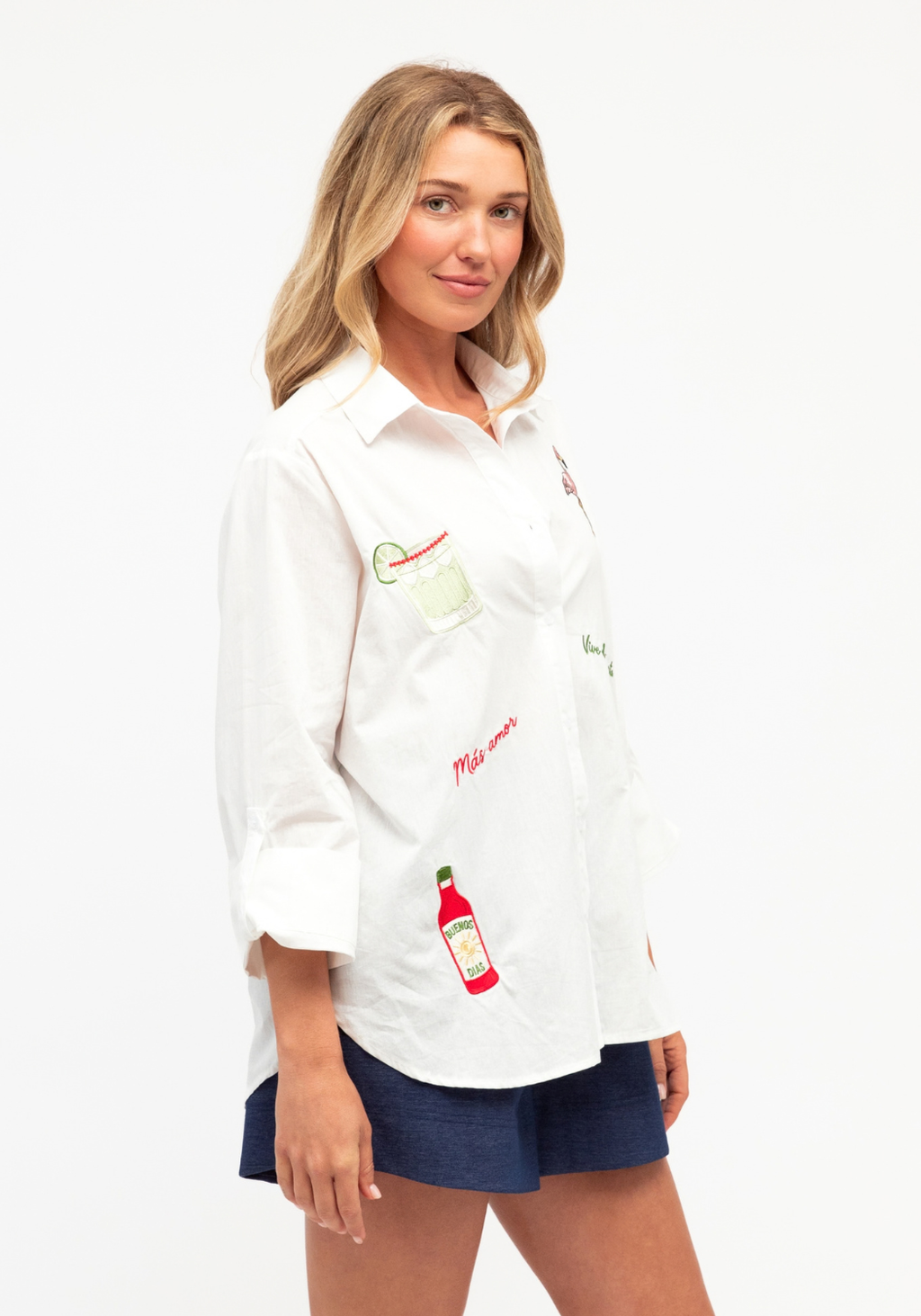 MAS AMORE EMBROIDERED  BUTTON THROUGH SHIRT - WHITE