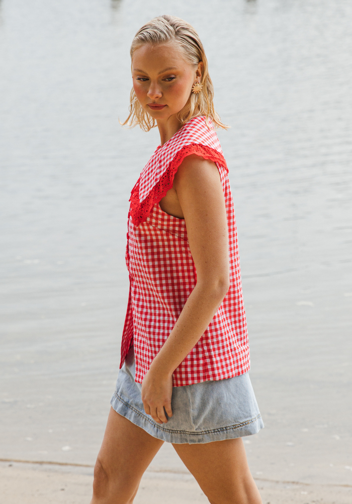 Load image into Gallery viewer, ABIGAIL PETER PAN COLLAR TOP - RED GINGHAM