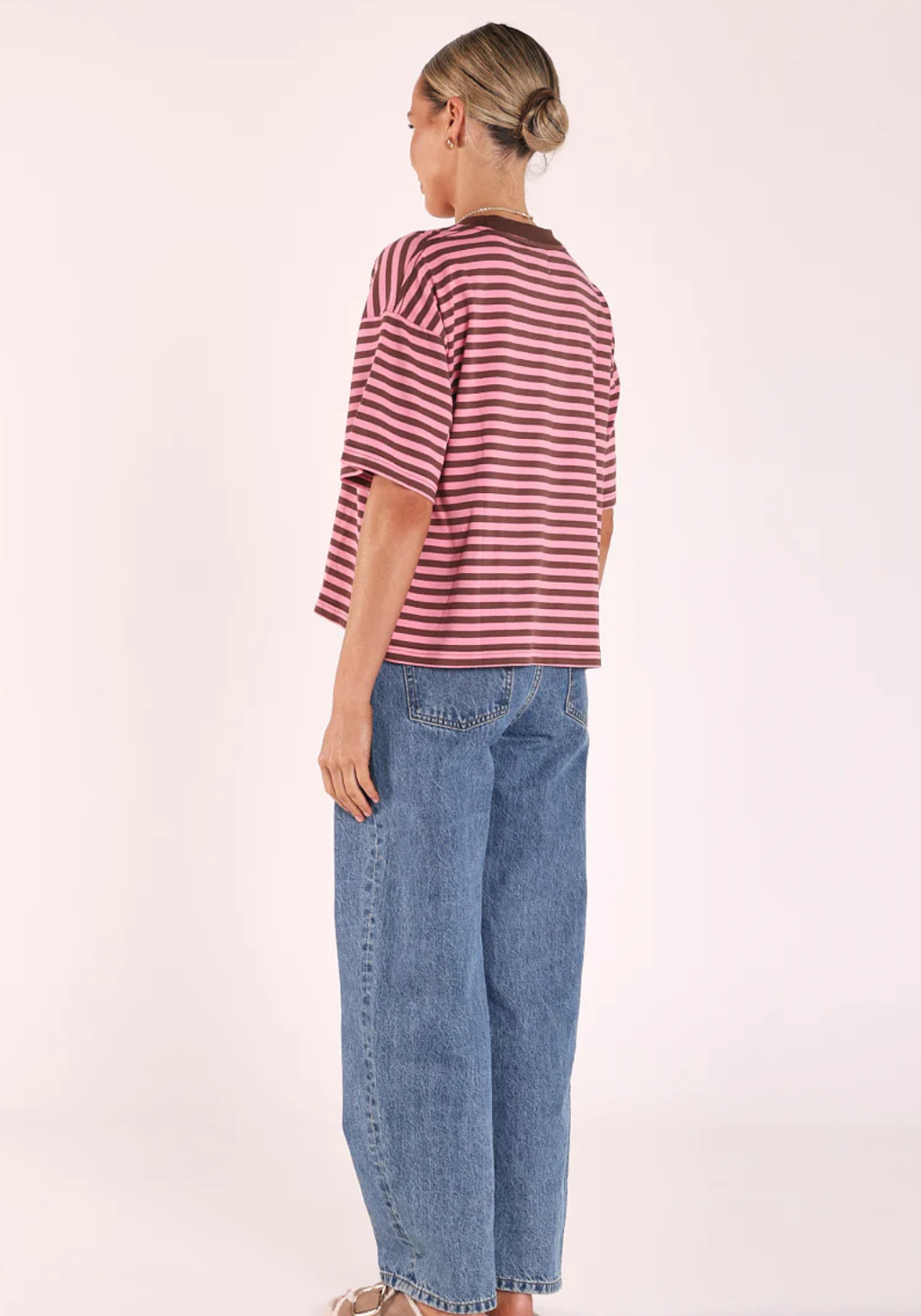 FEATHER + NOISE CARTER BOXY TEE - CHOCOLATE PINK STRIPE