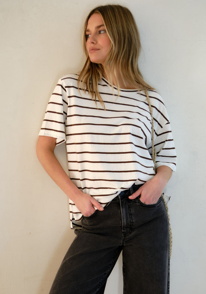 Load image into Gallery viewer, CERES LIFE STEVIE SLOUCHY SPLIT HEM TEE - VANILLA/CHOC STRIPE
