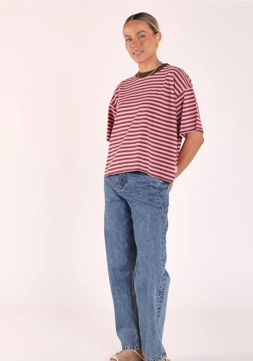 FEATHER + NOISE CARTER BOXY TEE - CHOCOLATE PINK STRIPE