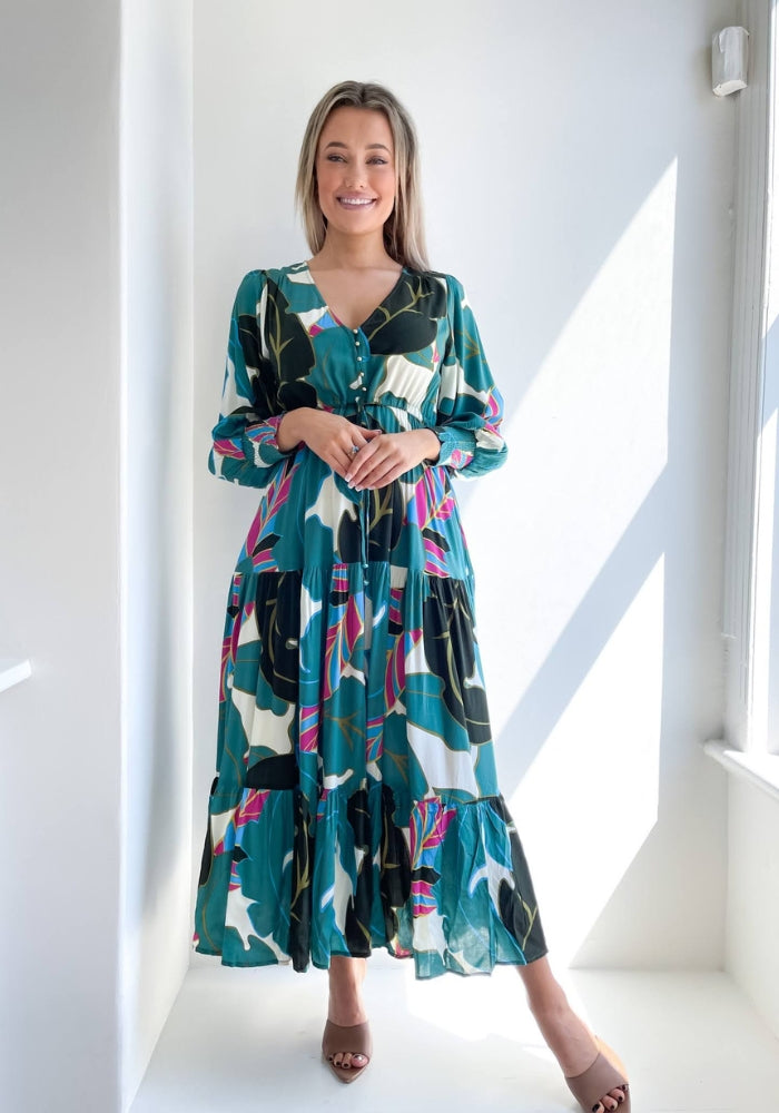 Load image into Gallery viewer, MIM BUTTON FRONT TIERED MAXI DRESS - GREEN LEAF