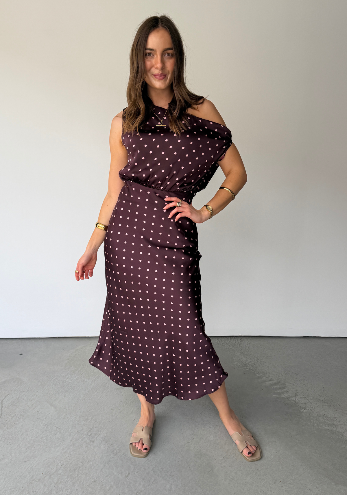 ELODIE ONE SHOULDER MIDI DRESS - CHOCOLATE SPOT
