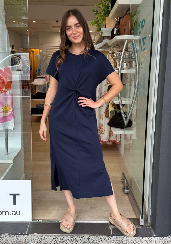 ELLIE FRONT TWIST TEE SHIRT DRESS - NAVY