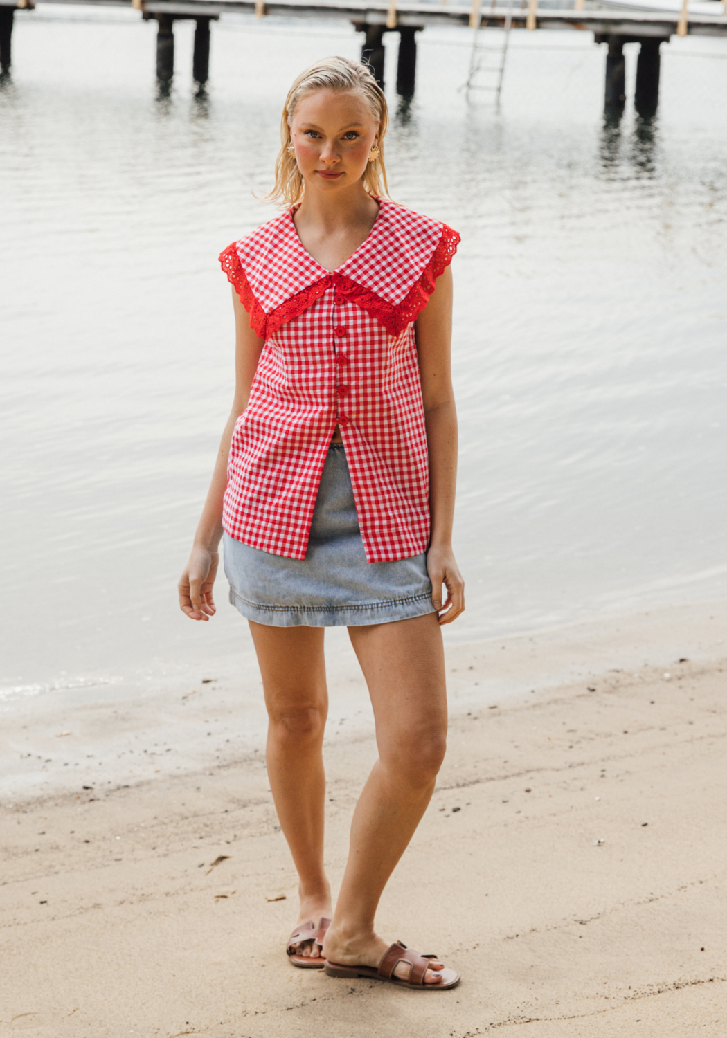 ABIGAIL PETER PAN COLLAR TOP - RED GINGHAM