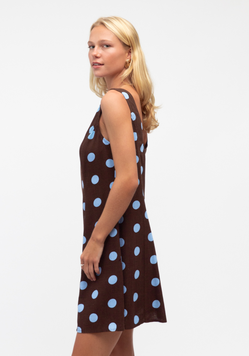 SABRINA MINI SHIFT DRESS - CHOCOLATE & BLUE SPOT