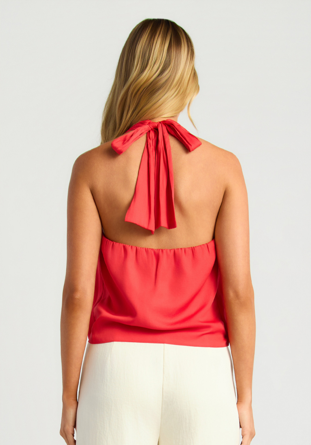 GOLDIE DRAPED FRONT BUBBLE HEM HALTER TOP - RED